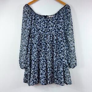 Women’s Babydoll Peasant Dress Dark Floral Balloon Sleeve XS Black Blue Ruffle